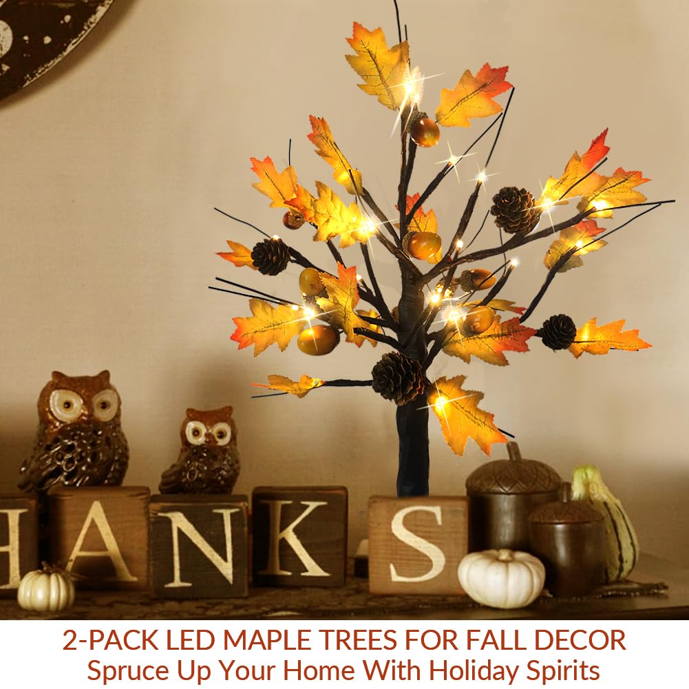 Bright Zeal 2-Pack 19.5" Tall Lighted Maple Tree LED Maple Tree Lights Indoor Battery Operated - Acorns and Pine Cones Decorations Thanksgiving Decorations for Home - Light Up Maple Tree Tabletop