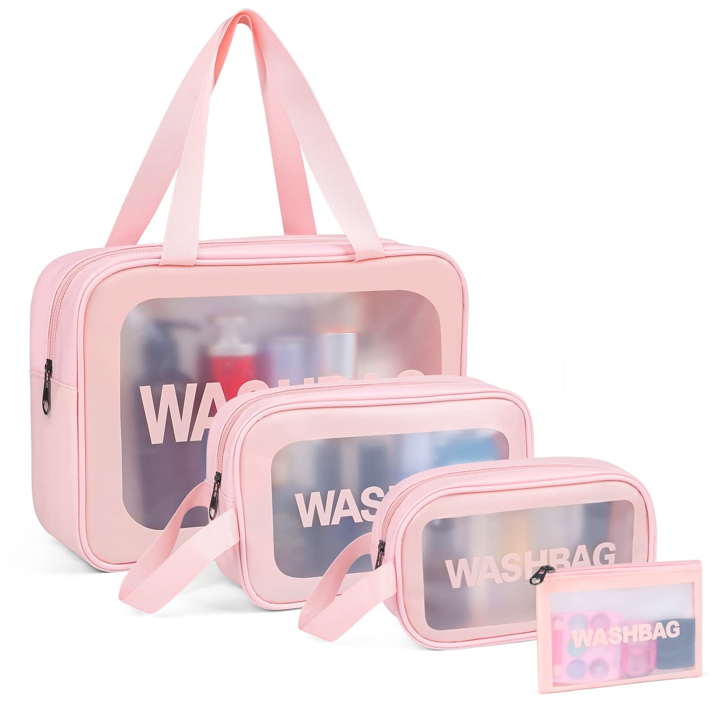 YuanCheng Upgrade Travel Toiletry Bags for Women, Pack-4 Different Size Make Up Bags with Handle, Large Capacity Translucent Waterproof Travel Cosmetic Bags (Comestic Bag-Pink)