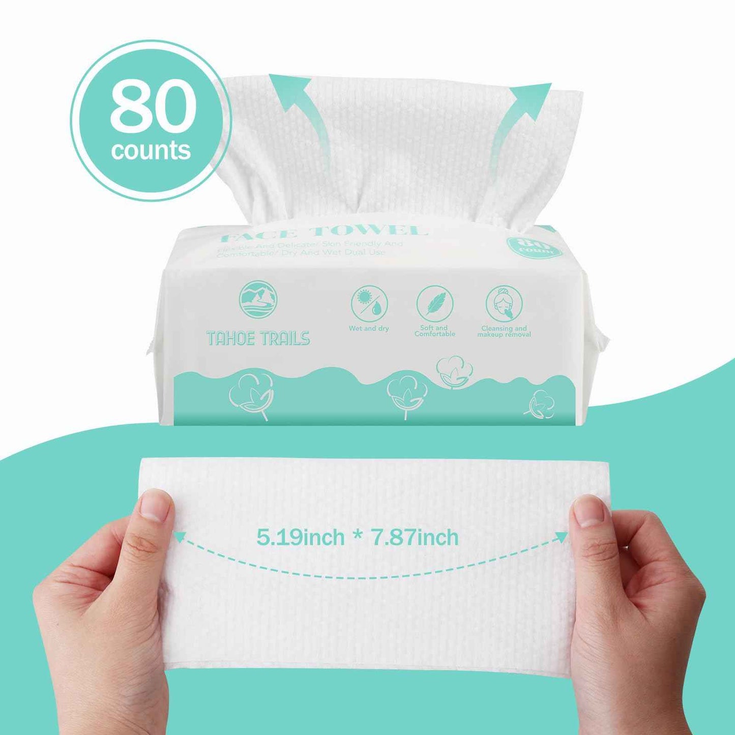 Tahoe Trails Disposable Face Towel, Soft Dry Wipe, Lint Free, Dry Wet Use for Sensitive Skin, 80Count Cotton Facial Tissue, Makeup Removing, Surface Cleaning 5.91 * 7.87inch, 80