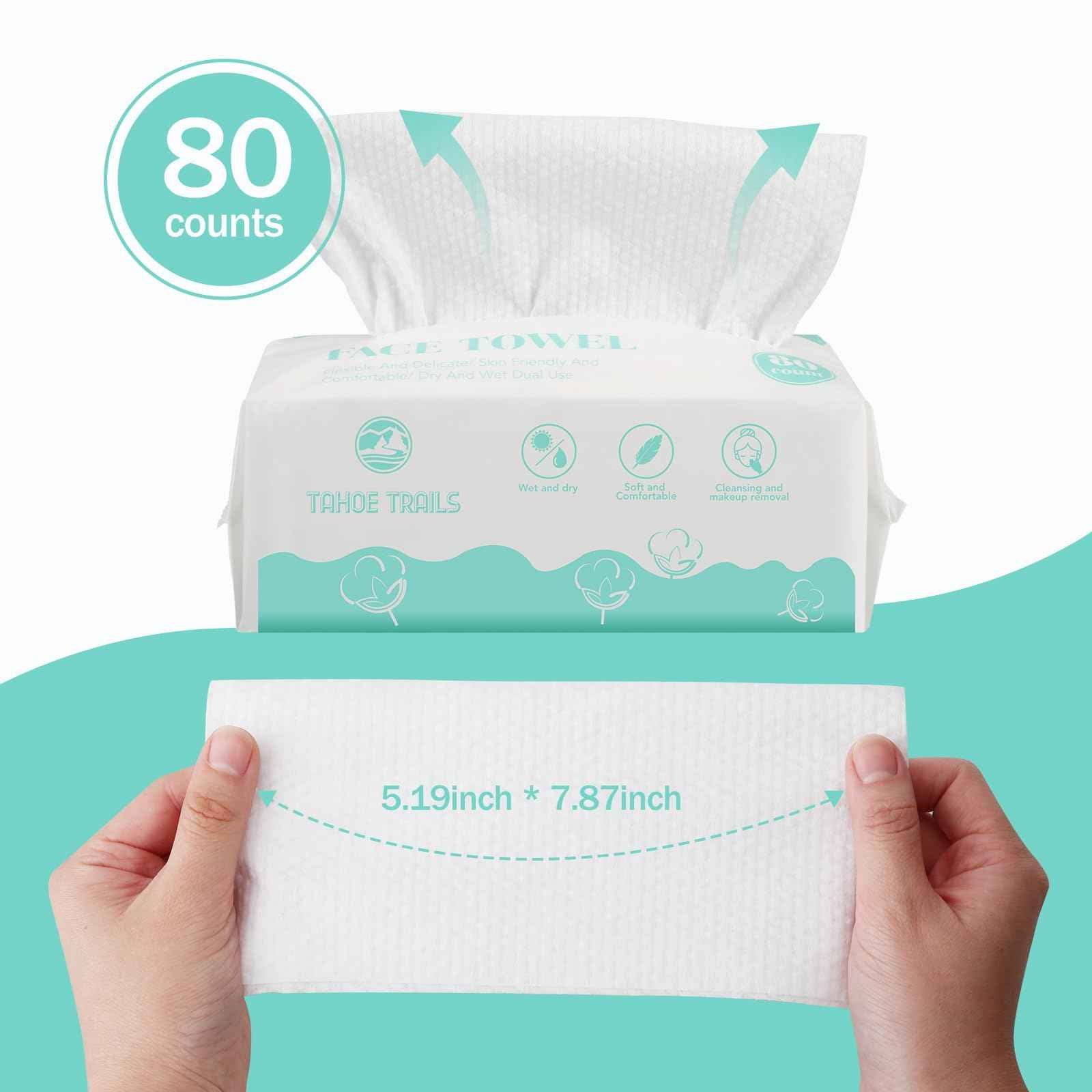 Tahoe Trails Disposable Face Towel, Soft Dry Wipe, Lint Free, Dry Wet Use for Sensitive Skin, 80Count Cotton Facial Tissue, Makeup Removing, Surface Cleaning 5.91 * 7.87inch, 80