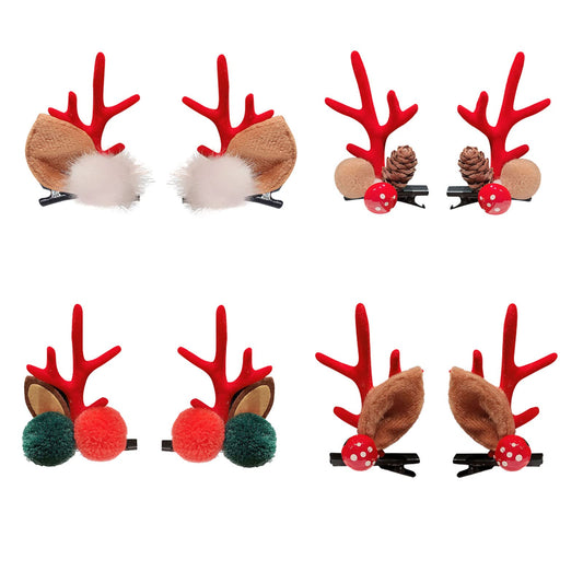 Yuyeran 4 Pairs Girls Novelty Antler Hair Clip Women Hair Barrettes Cute Deer Horn and Ears Christmas Hair Pins Xmas Party Supplies (Red)