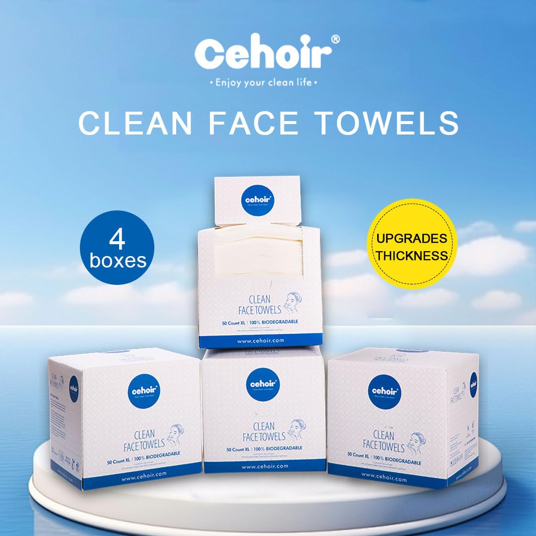 Cehoir Face Towels,Super Soft and Thickness XL:10x12 inches,Lint-Free Biodegradable Towels,Disposable Face Towel,Makeup Remover Dry Wipes,Clean Face Cloths for Sensitive Skin.(4 packs (200 counts))…