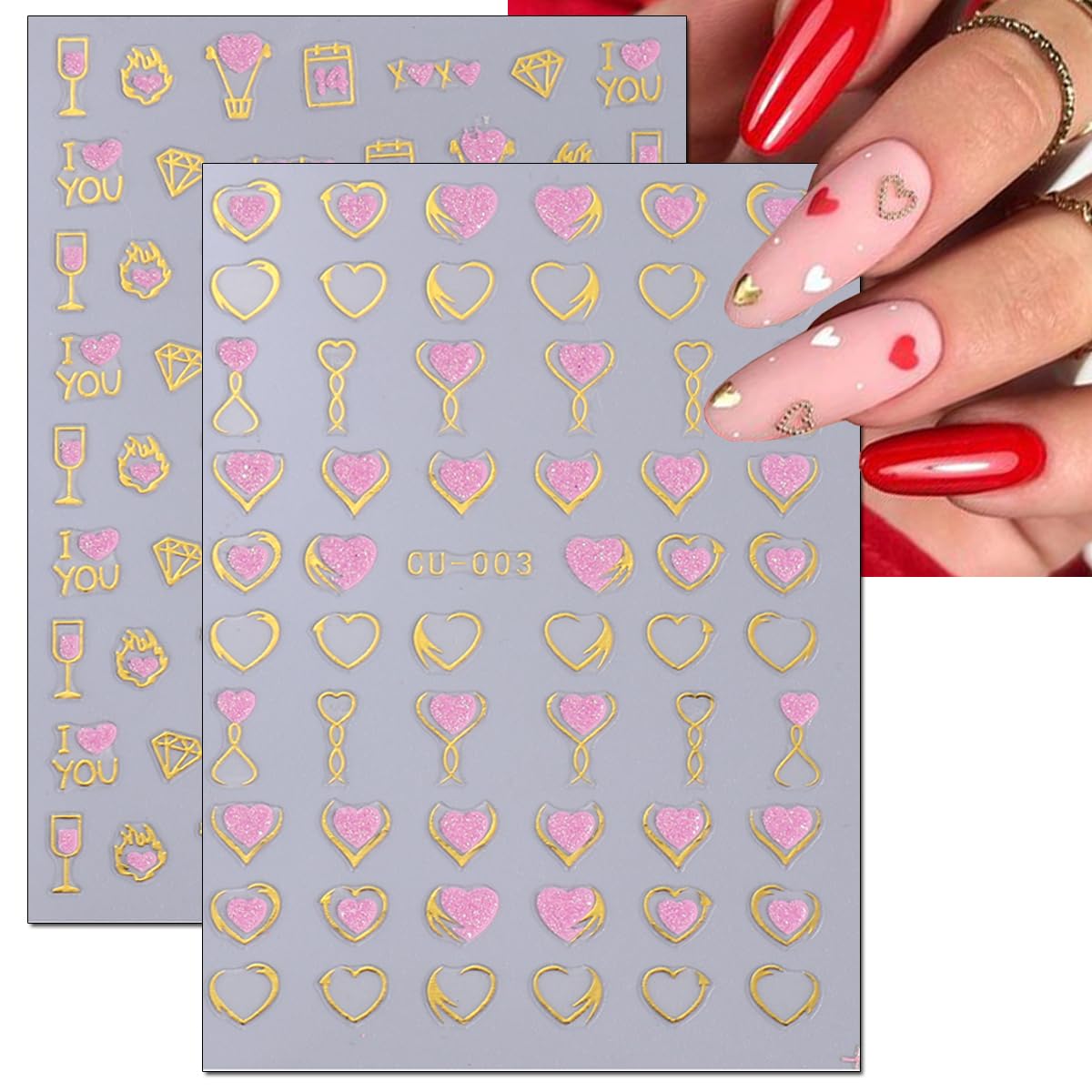 Valentine's Day Heart Nail Stickers-8 Sheets Gold Pink Nail Art Stickers 3D Self-Adhesive Nail Decals Glitter Star Love Rose Flower Nail Art Design Supplies for Acrylic Nail Decoration Stickers Women