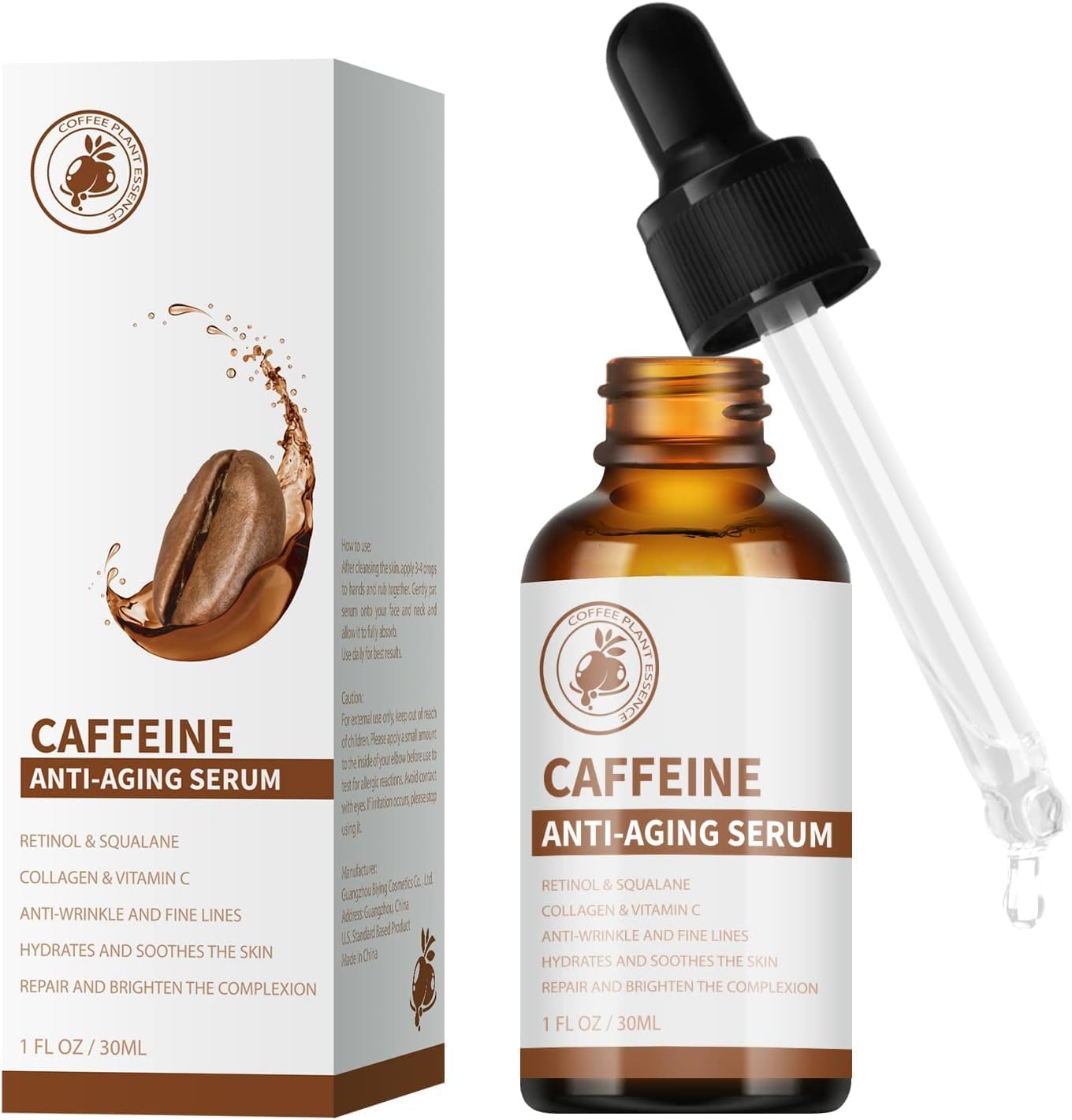 Caffeine Face Serum & Under Eye Serum, Anti-Aging Face Serum with Vitamin C, Collagen, Hyaluronic Acid, Firming & Hydrating & Brightening Face Serum Reduce Wrinkles, Fine Lines and Dark Spot - 30ml