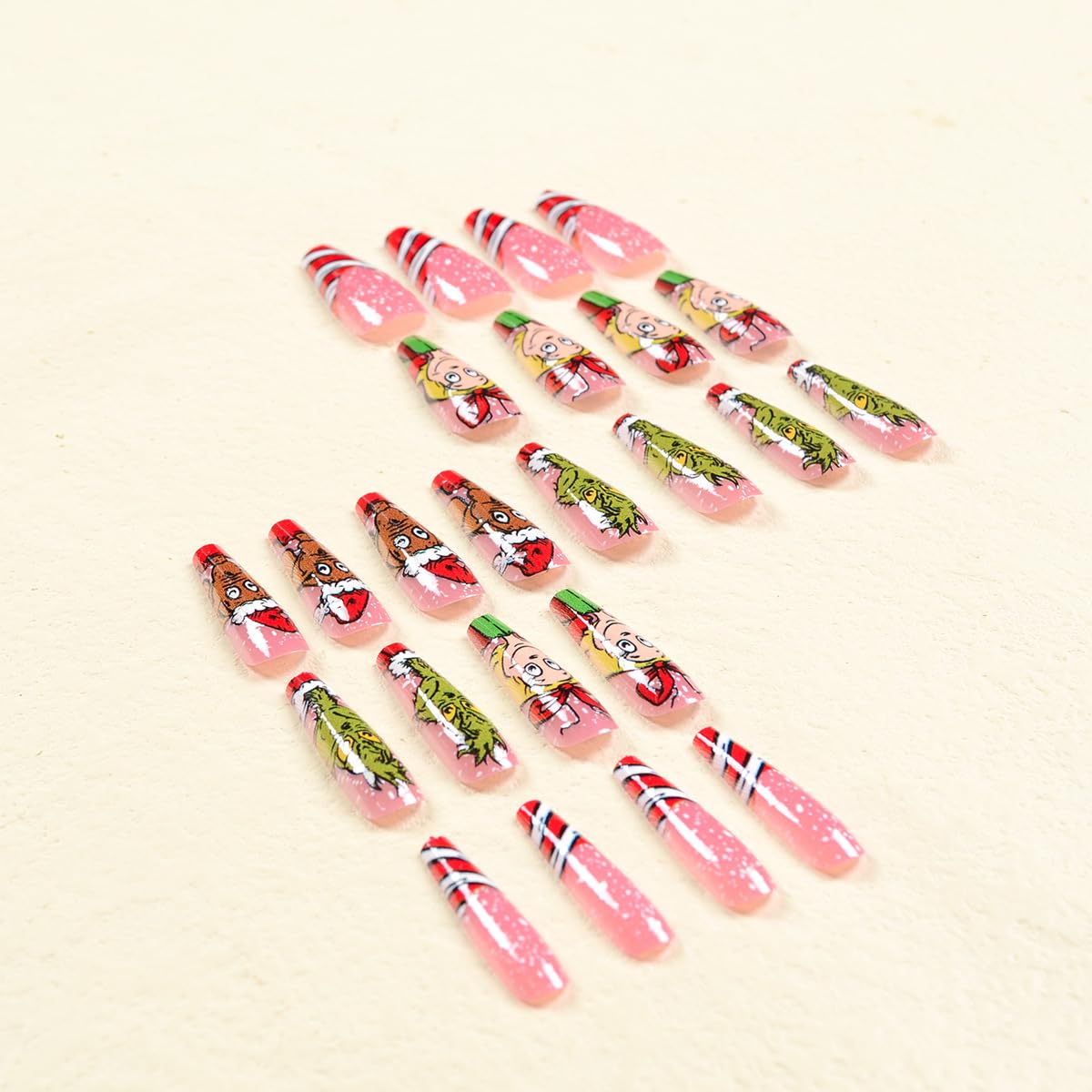 Christmas Press on Nails Long Coffin Fake Nails Funny Cartoon Designs False Nails Pink Cute Acrylic Nails Winter Xmas Glue on Nails Gloss Artificial Nails for Women Holiday Manicure Decorations