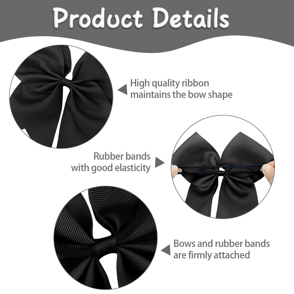 2 PCS Large Black Cheerleading Bows with Ponytail Holder Elastic Band for Girls' Hair