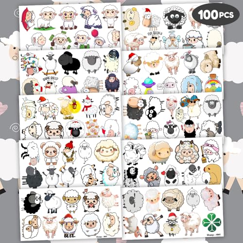 100PCS Sheep Lamb Temporary Tattoos Theme Eid Mubarak Birthday Party Decorations Favors Supplies Cute Farm Barnyard Animal Tattoo Stickers Gifts For Kids Boys Girls School Rewards Prizes Carnival