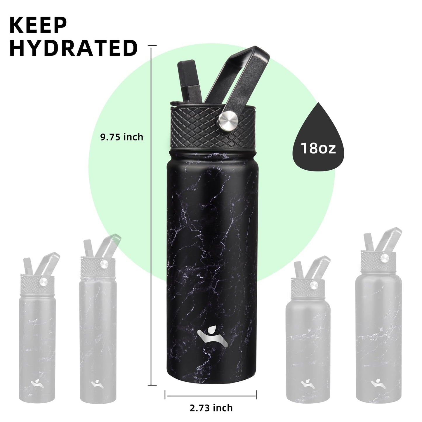 Konokyo Insulated Water Bottle with Straw,18 oz 3 Lids Metal Bottles Stainless Steel Water Flask,Marble Midnight