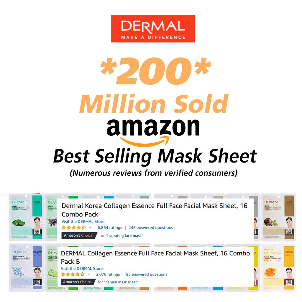 DERMAL A+B Korea Collagen Essence Moisturizing Full Face Facial Mask Sheet Provides Vitamins, 32 Full Color SET