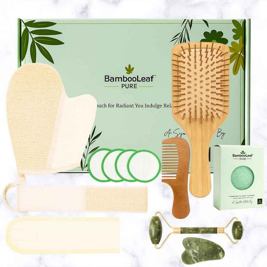 Self Care Natural Unique Organic Spa Set for Women – Eco Friendly Gift Box with Bamboo Comb, Jade Roller, Facial Sponge, Makeup Remover Pads, Headband & Bath Glove – Birthday, Relaxation Kit