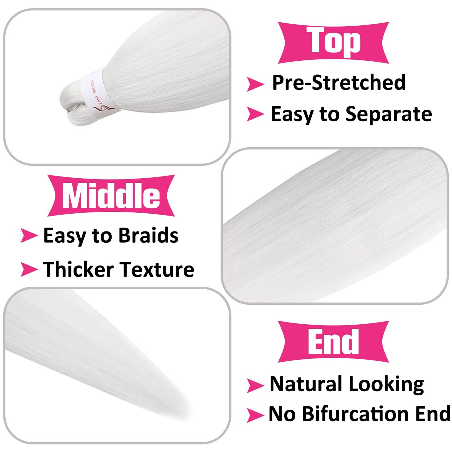 Unionbeauty 26 Inch Pre Stretched Braiding Hair 2 Packs Crochet Hair White Braiding Hair for Box Braids Hot Water Setting Easy Braid Yaki Texture Synthetic Braid Hair Extensions Crochet Braids(white#)