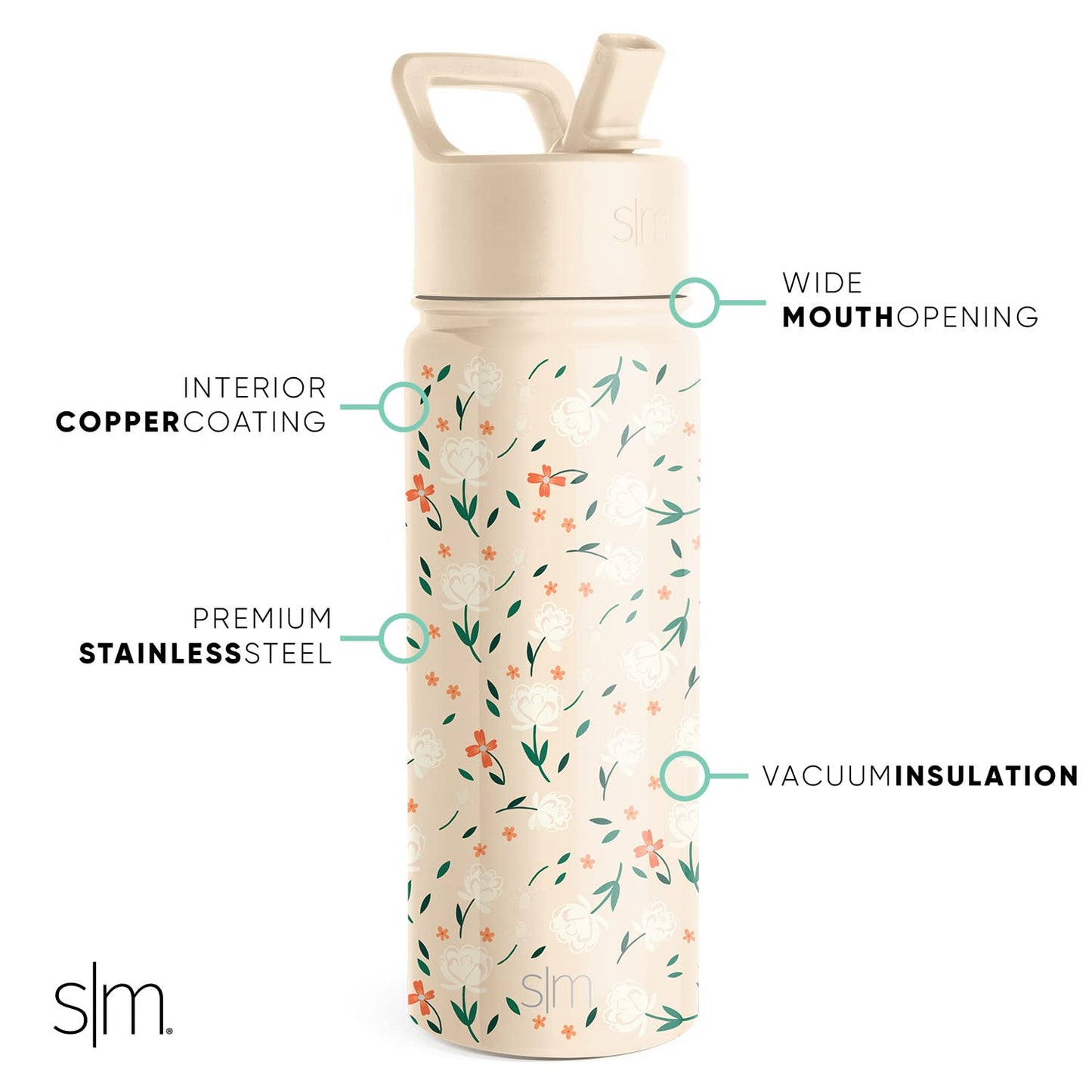 Simple Modern Kids Water Bottle with Straw Lid | Insulated Stainless Steel Reusable Tumbler for School, Girls | Summit Collection | 18oz, Chloe Floral