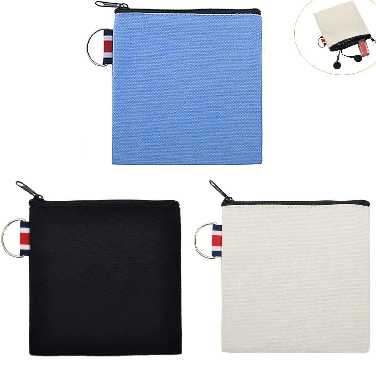 DraCra 3 Pack Small Canvas Zipper Pouch with Hanging Ring Square Pocket Carrying Purse Travel Storage Organizer Case Mini Toiletry Bag for Makeup Lipstick Cosmatic Change Coins Earphone Charger Cable