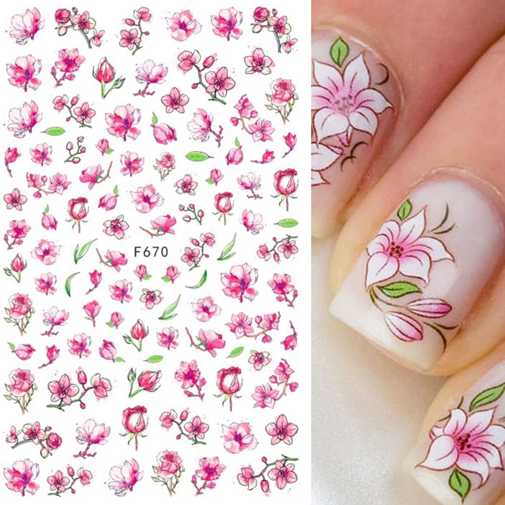 Flowers Nail Stickers, Spring Nail Decals 3D Self-Adhesive Cherry Blossom Floral Pink Spring Nail Design Manicure DIY Nail Art Decoration for Women Girls (8Sheets)