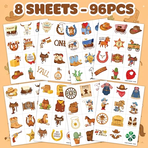 96 PCS Pre-Cut Temporary Tattoos - Western Cowboy Horse Theme for Kids