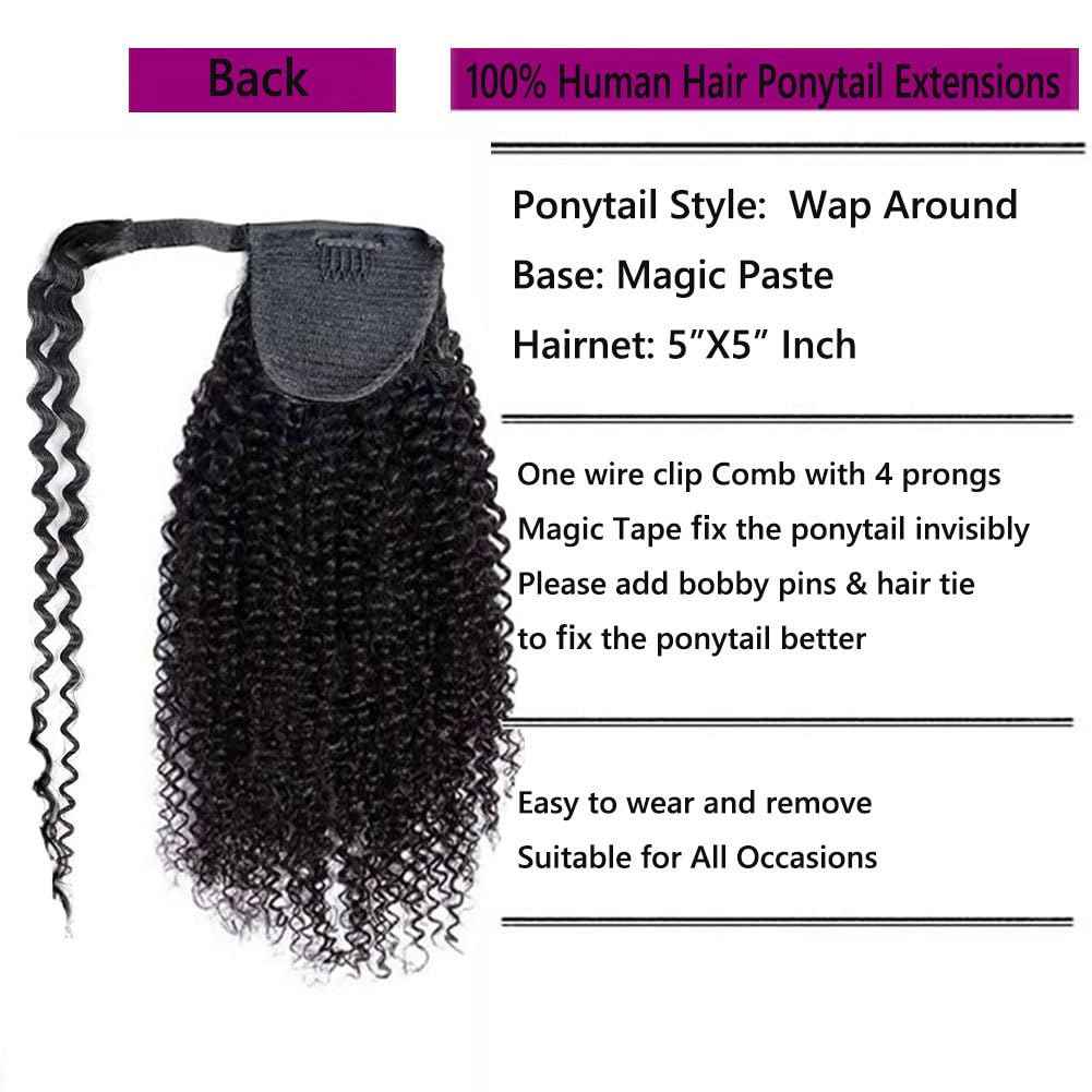 Kiss darling LASHES Kinkys Coily Human Hair Ponytail Extensions, Black Ponytail Extension Short Afro Curly Wrap Around Pony Tail Hairpiece for Women 12inch 100g,Natural Black 1b