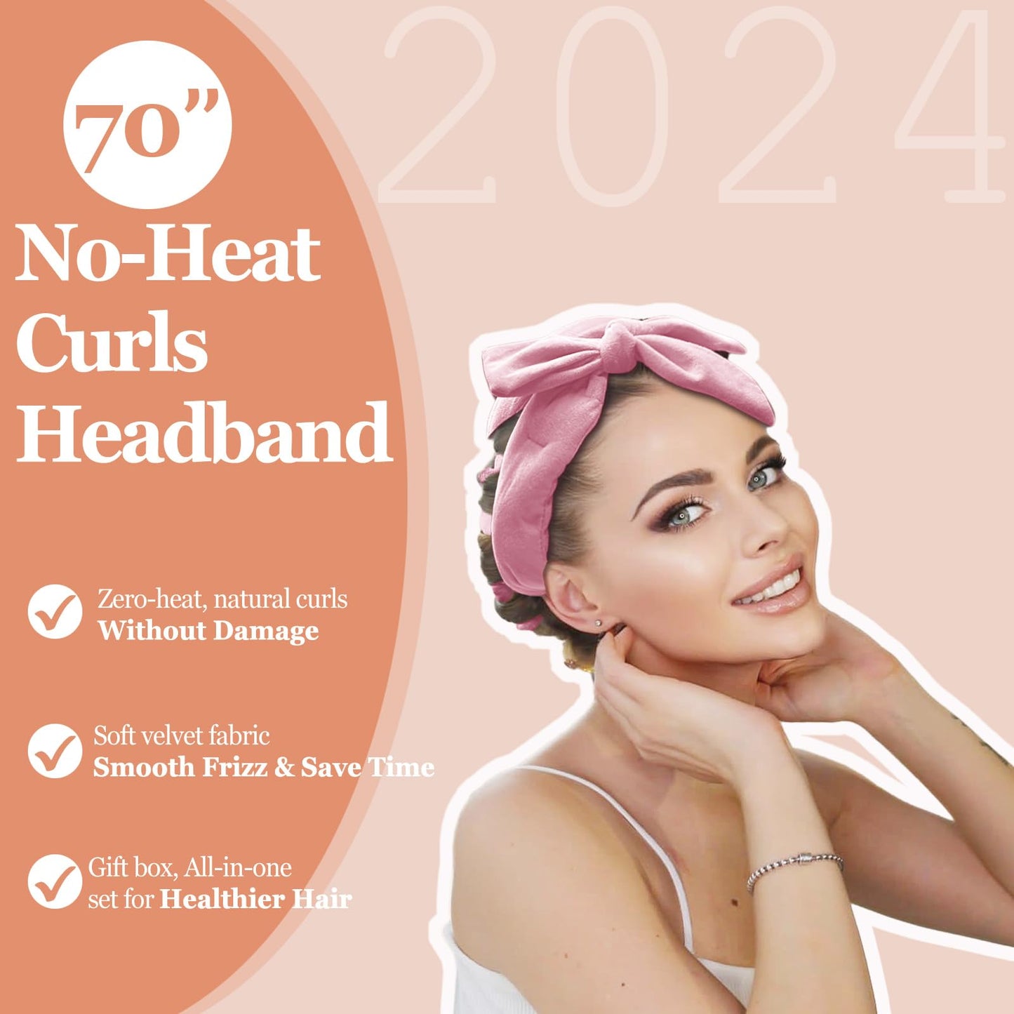 Heatless Curls Headband, Hair Rollers for Heatless Curls, 70" Velvet Heatless Curlers for Women Girls Overnight Curls, No Heat Hair Curlers to Sleep In - Pink
