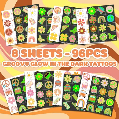 96-Piece Glow-in-Dark Groovy Retro Temporary Tattoos for Kids