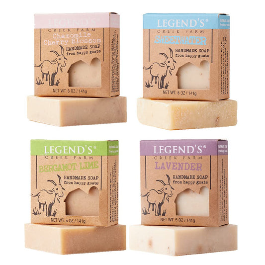 Legend's Creek Farm Goat Milk Soap - Cleansing Moisturizing Soap Bar for Hands and Body - 5 Oz Natural Soap for Sensitive Skin, Handmade in USA (4-Pack: Lime, Cherry, Sweetwater, Lavender)