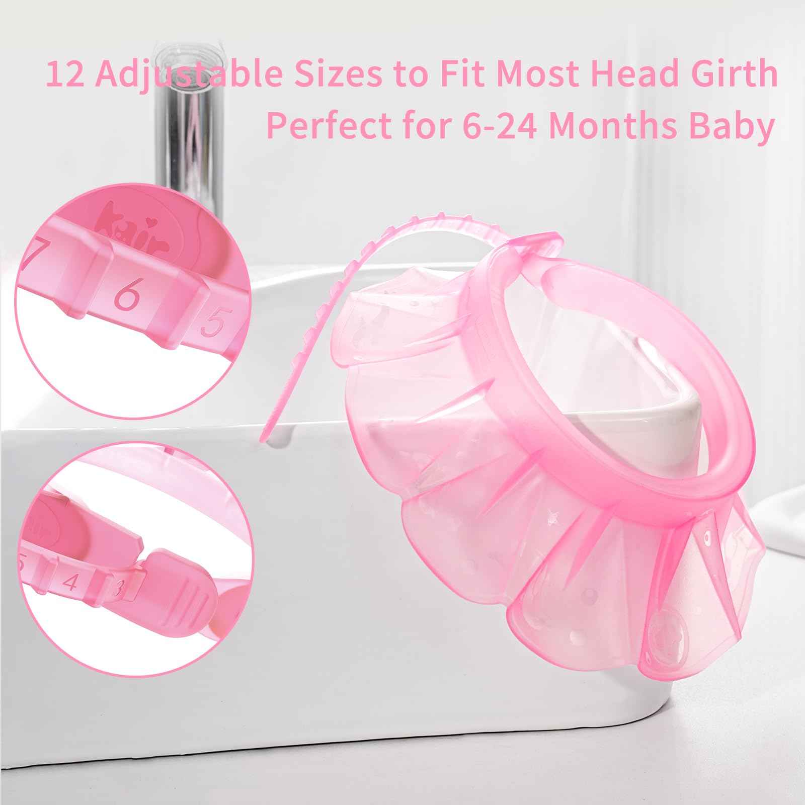 kair Baby Kids Shower Cap Soft Adjustable Silicone Toddler Bath Visor Children Hair Washing Hat Keep Water Out of Eyes & Ears Head Circumference 12.5"-19" (Pink, Less Than 24 Months)