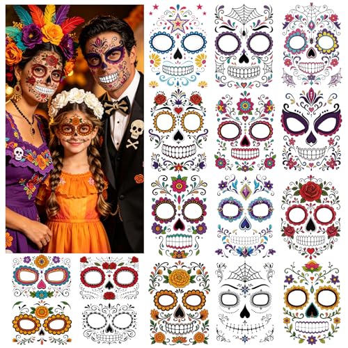 16-Pack Day of the Dead Face Tattoos | Sugar Skull Halloween
