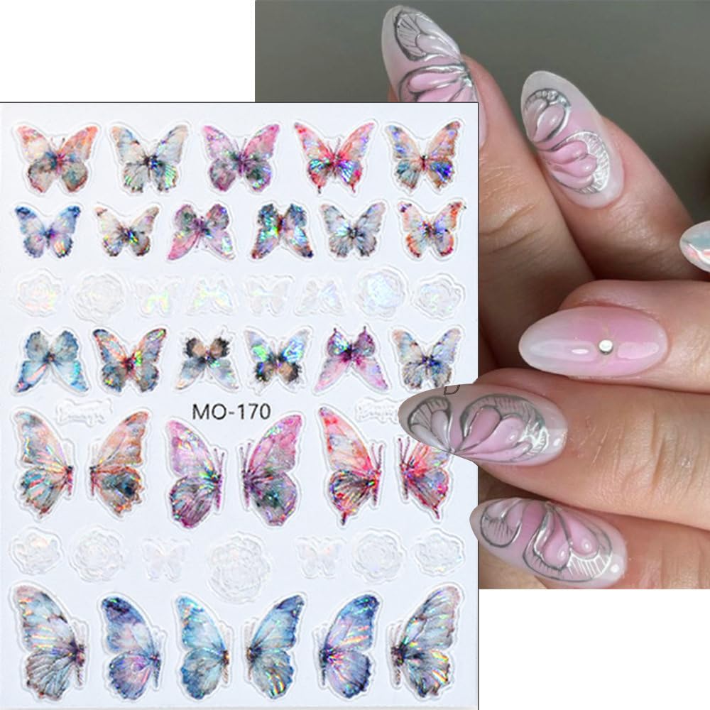 5D Aurora Butterfly Nail Stickers for Women Cartoon Butterfly Nail Art Stickers for Nail Designs Embossed Butterfly Stickers for Nails Design Rose Flower Butterfly Nail Decals for Nail Art Supplies