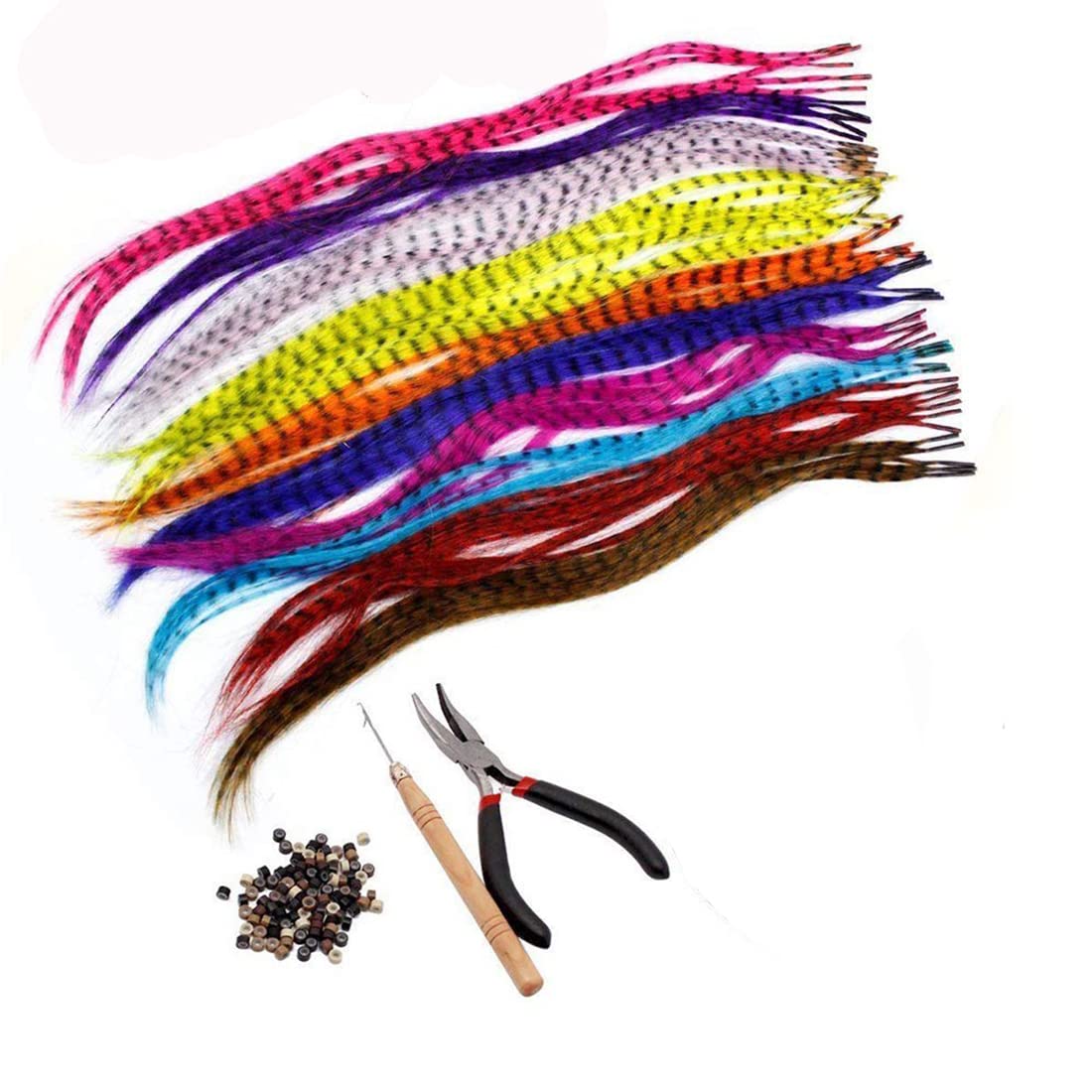 Feather Hair Extension Kit with Synthetic Feathers 100 Beads Plier and Hoo (50 Feather)