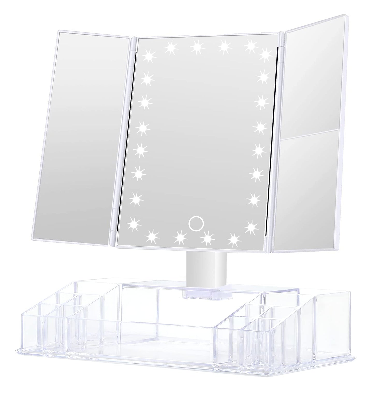 GULAURI Makeup Mirror with Lights and Storage - 3x/2x Magnification, Tri-Fold Cosmetic Vanity Mirror with 24 Led Light, Touch Screen, 180 Degree Adjustable Rotation