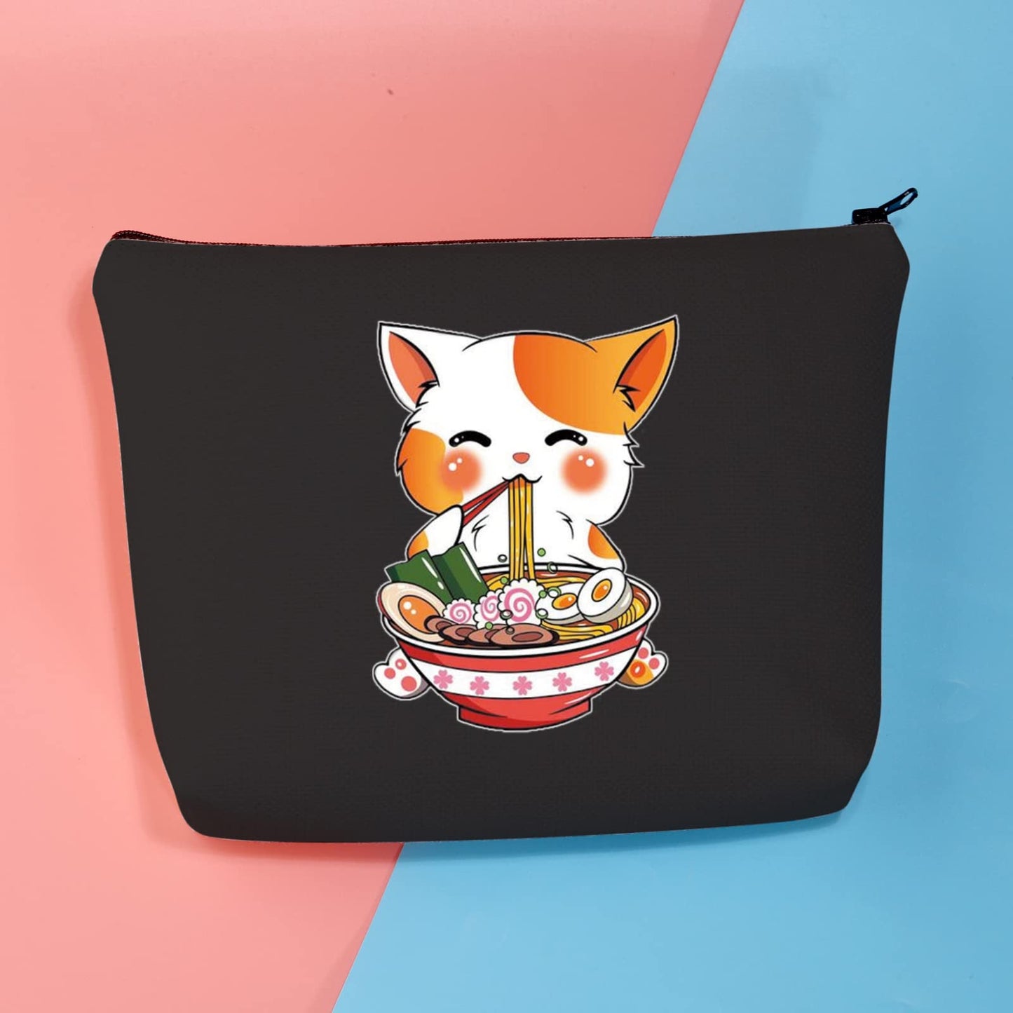 BDPWSS Cat Lover Makeup Bag Kawaii Anime Cat Gift Ramen Noodle Lover Gift Kitty Mom Cosmetic Bag Kitten Gift Crazy Cat Lady Zipper Pouch (Cat noodle bl)