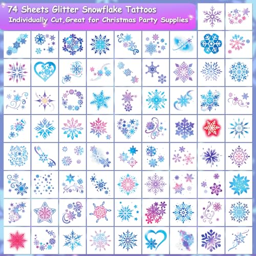 Glitter Snowflake Temporary Tattoos for Kids - 74 Individually Sheets Snowflake Tattoos for Kids Winter Christmas Party Supplies