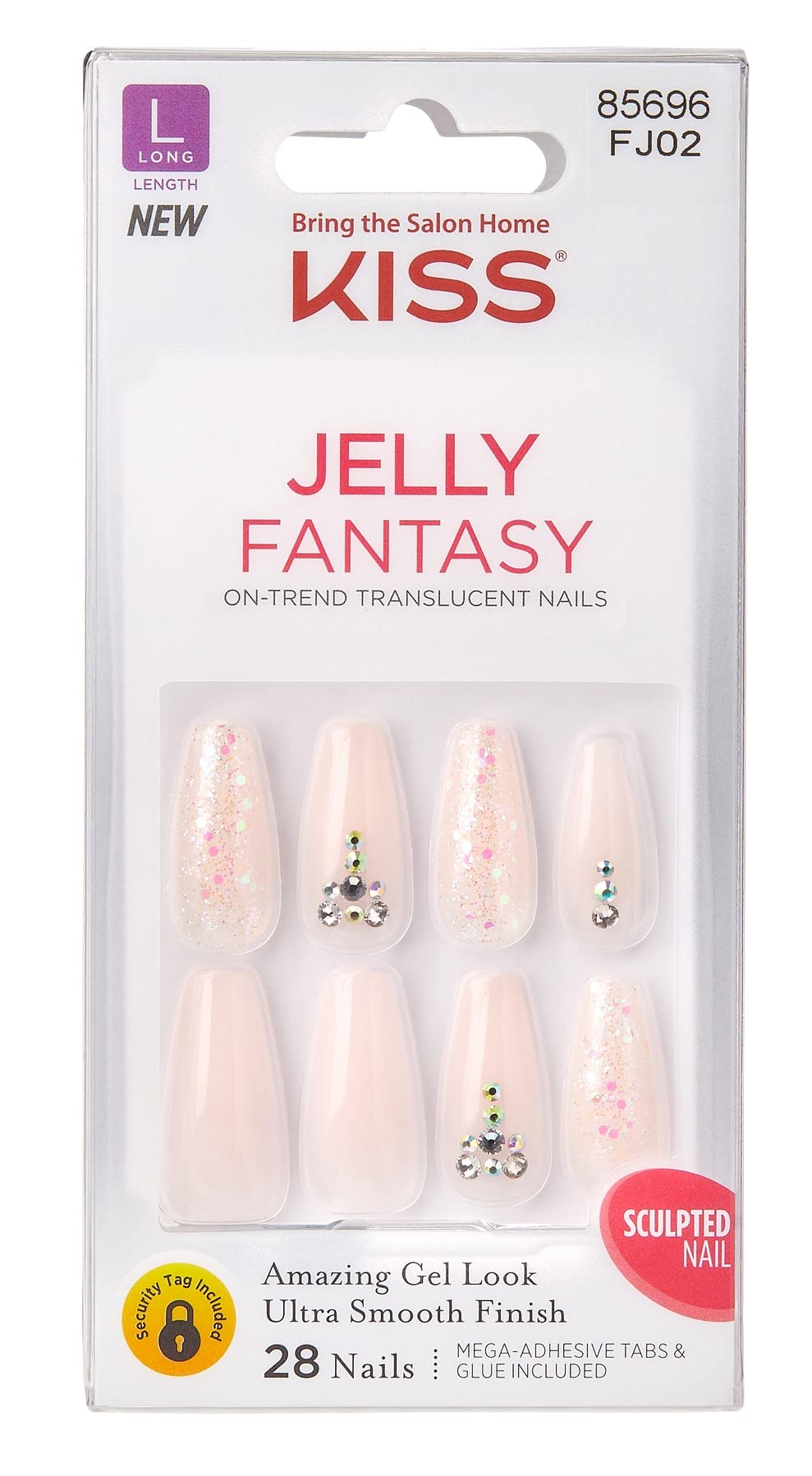 Kiss Jelly Fantasy 28 Count Light Pink/Glitter Long Length (Pack of 2)
