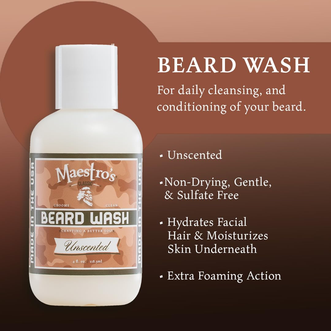 Maestro's Classic BEARD WASH | Deep Cleaning, Non-Drying, Fully Hydrating Gentle Cleanser For All Beard Types & Lengths- Unscented, 4 Ounce