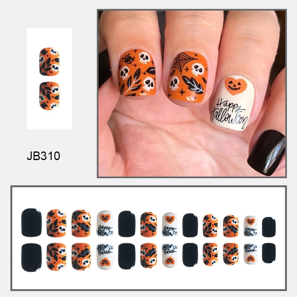 Halloween Press on Nails Short Square Fake Nails Skull Head Leaves Glue on Nails Spider Web False Nails with Spider Letter Designs Acrylic Cute Halloween Nails Full Cover Stick on Nails for Women