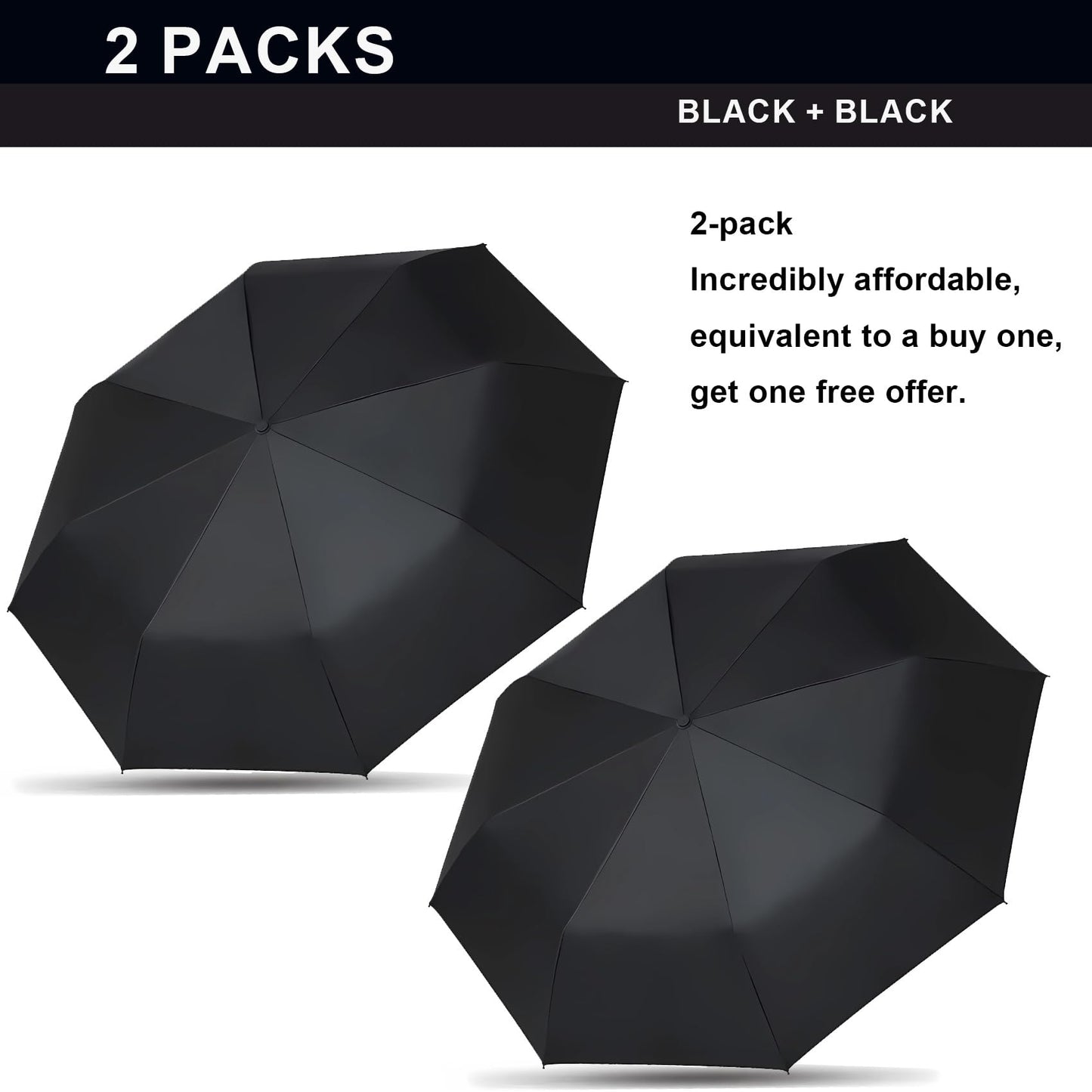 SIEPASA Two Packs Auto Open & Close Small Travel Umbrella Compact for Backpack-Umbrellas for Rain, Windproof Lightweight Strong Mini Portable Umbrellas for Men and Women.(Black, 2 Pack)