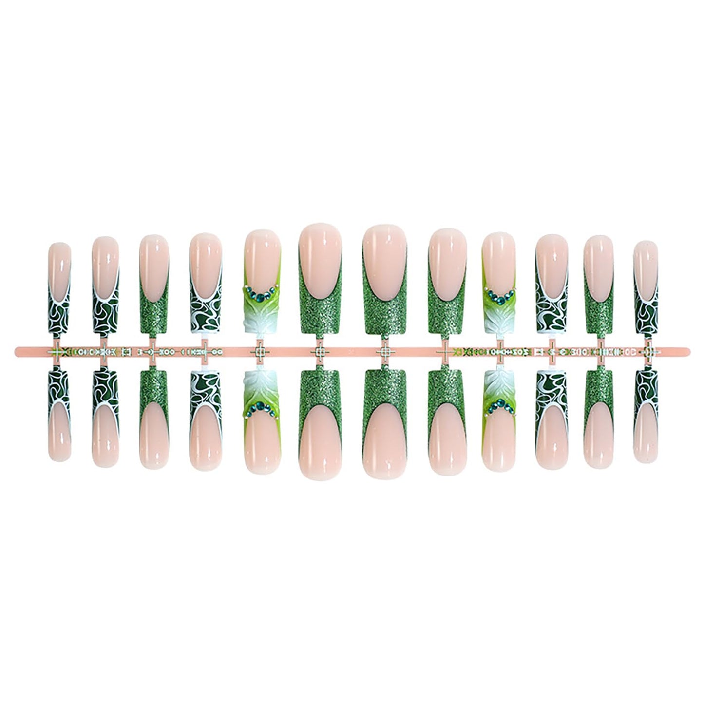 Long Coffin Press on Nails French Tip Green RIICFDD Fake Nails 3D Water Ripple Designs Rhinestone Nail Charms Acrylic Nails Full Cover Glue on Nails for Women and Girls Nail Decoration 24 Pcs