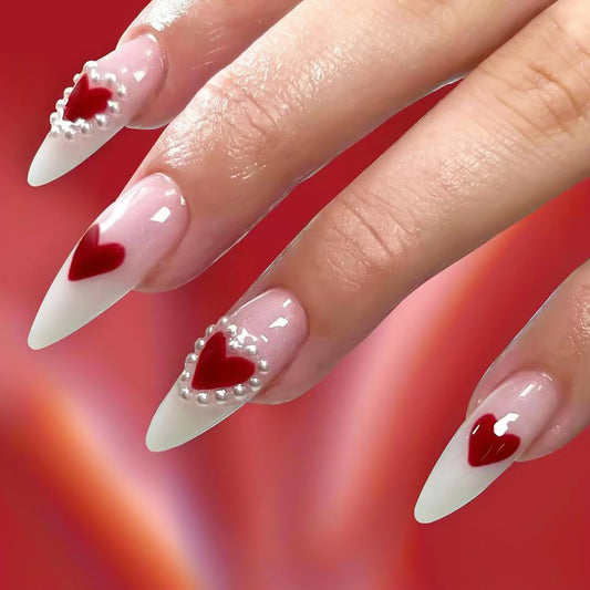 Red Heart Press on Nails Almond 24Pcs Glossy Full Cover Medium Acrylic False Nails with Heart Pearl Designs Reusable Artificial Fake Nails Set with Glue Stick on Nails with Charm for Women Girls