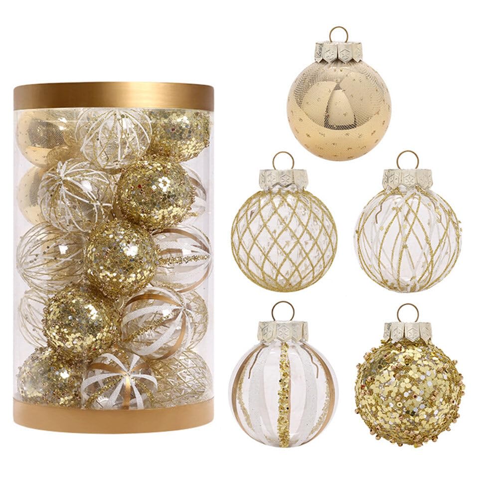 25Pcs Christmas Ornaments Sets 2.36” Christmas Ball Ornaments Christmas Tree Ornaments Shatterproof Xmas Balls Bulbs for Holiday Wedding Party Christmas Tree Decoration（Golden White）