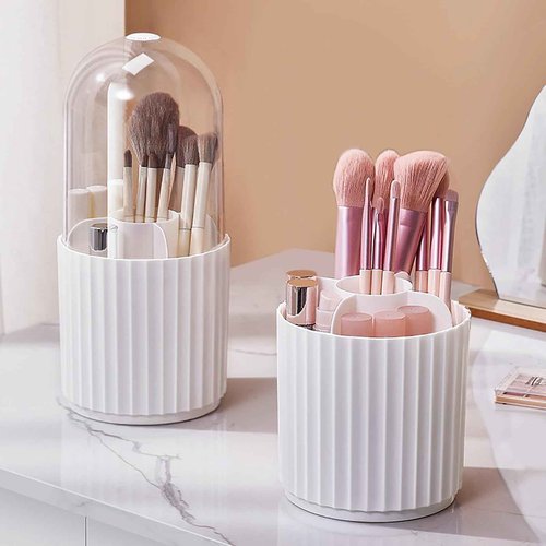 Anyoifax Makeup Brush Holder Organizer 360°Rotating Make Up Brushes Container for Vanity, Spinning Cosmetics Storage Cup, Stripe White