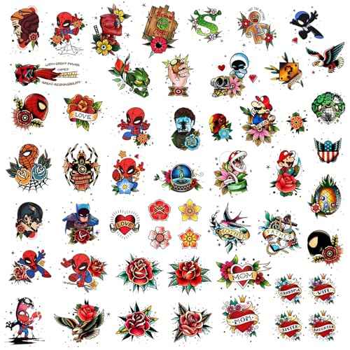 53 tattoo sets,American retro tattoos,Superhero Temporary Tattoos for Kids and Adult,retro and innovative designs, beautiful small tattoos, temporary tattoos for adults and kids (53 Superhero)