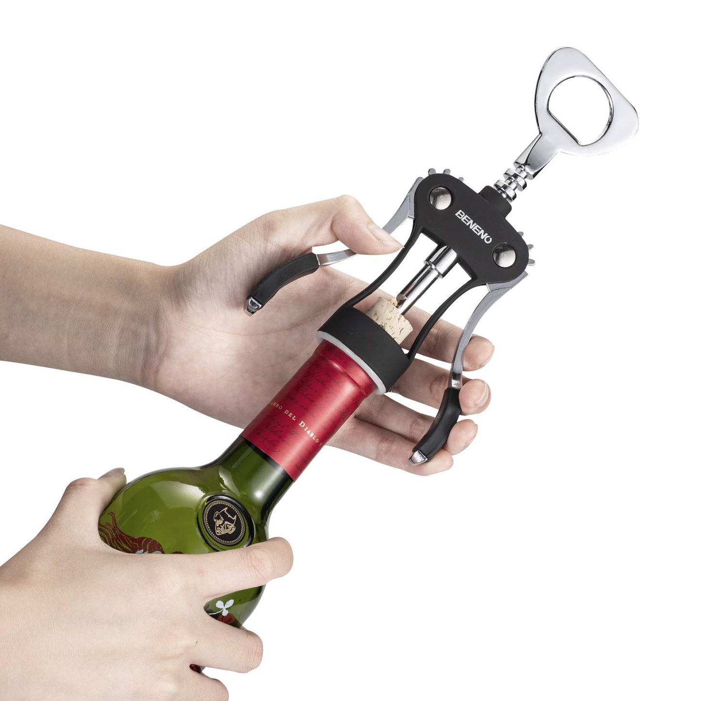 Wine Opener, Zinc Alloy Premium Wing Corkscrew Wine Bottle Opener with Multifunctional Bottles Opener, Sharp Corkscrew with Ergonomic Non-slip Wing Handle, Upgrade Black