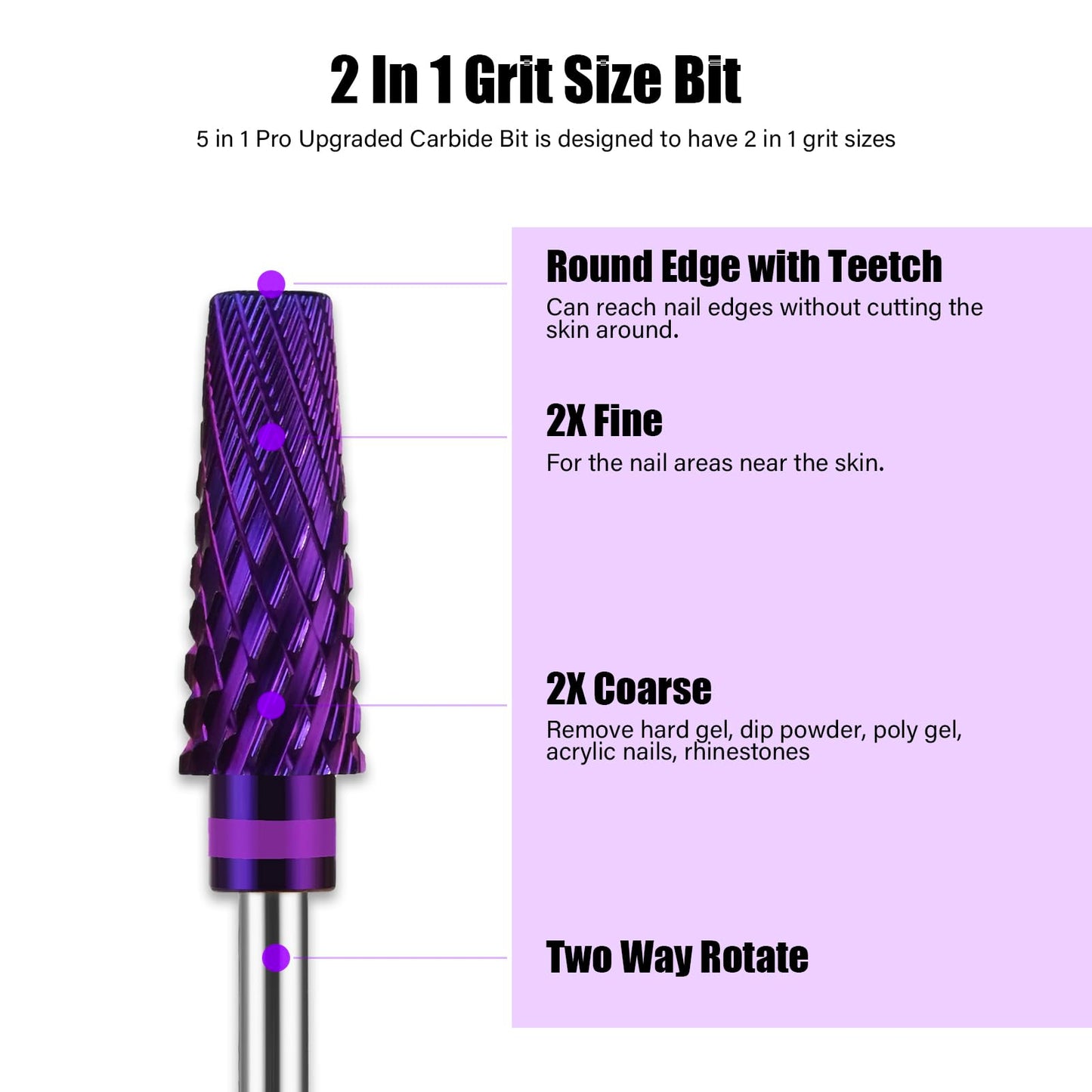 Depvko 5 in 1 Pro Nail Drill Bits, 3/32'' Carbide Tungsten Bits, Two Way Rotate Professional Advanced Safety Bits for Nail, Fast Remove for Manicure Pedicure Cuticle Gel Polishing, Salon Home (Purple)