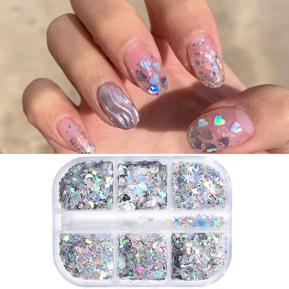 Holographic Nail Art Glitter Sequins, Shinning Heart Nail Supplies 6 Grids Laser Silver Nail Decals 3D Holographic Nail Sequin Star Moon Nail Art Sticker Confetti Flakes for Acrylic Nails Decorations