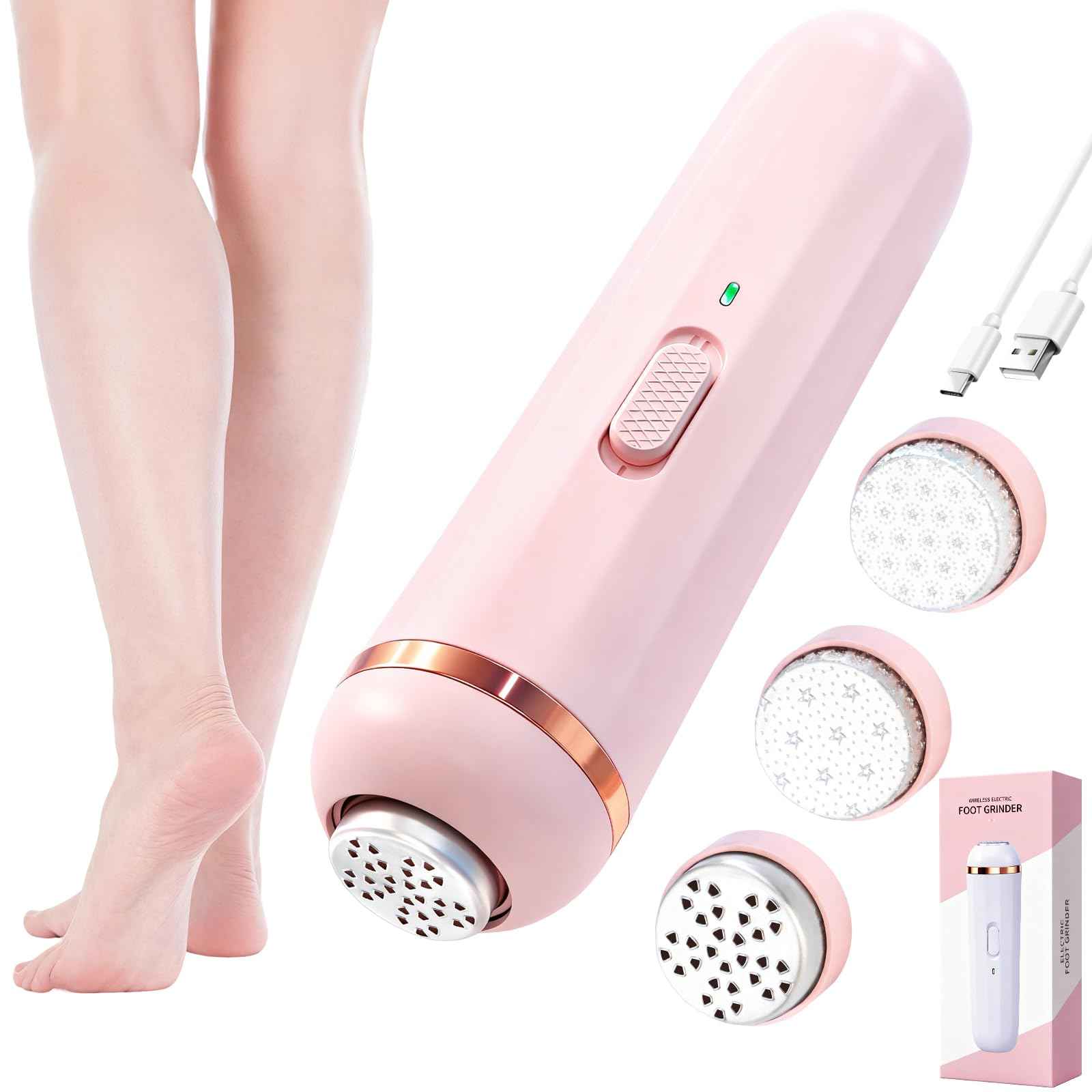 Wireless Electric Foot File - Callus Remover Tool for Feet, Rechargeable Pedicure Tool with 3 Replaceable Grinding Heads, Professional Adjustable Speed Foot Files for Dead Skin, Cracked Heels (Pink)