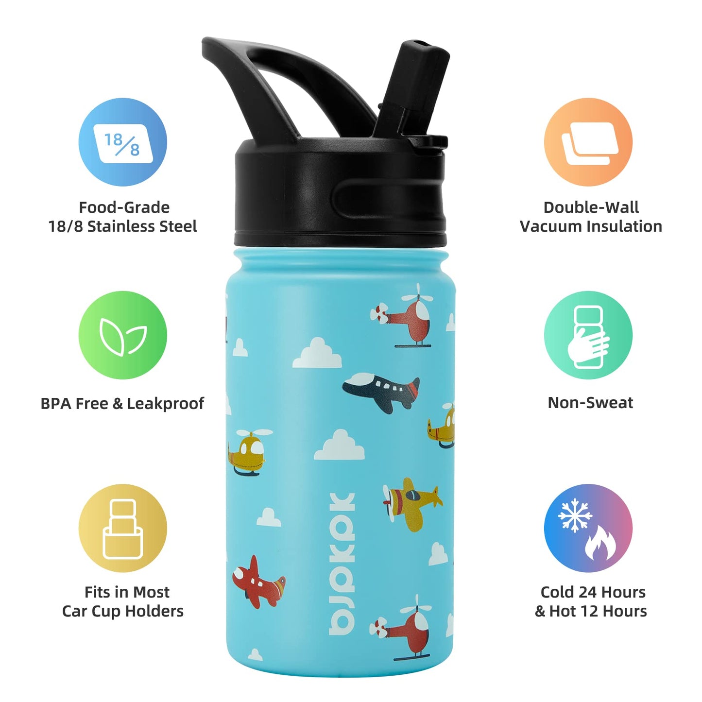 BJPKPK 15oz Insulated Water Bottle with Straw Lid, 15oz Stainless Steel Water Bottles, Reusable Leak Proof BPA-Free Thermos with 2 Straws, 1 Straw Brush(Aircraft)