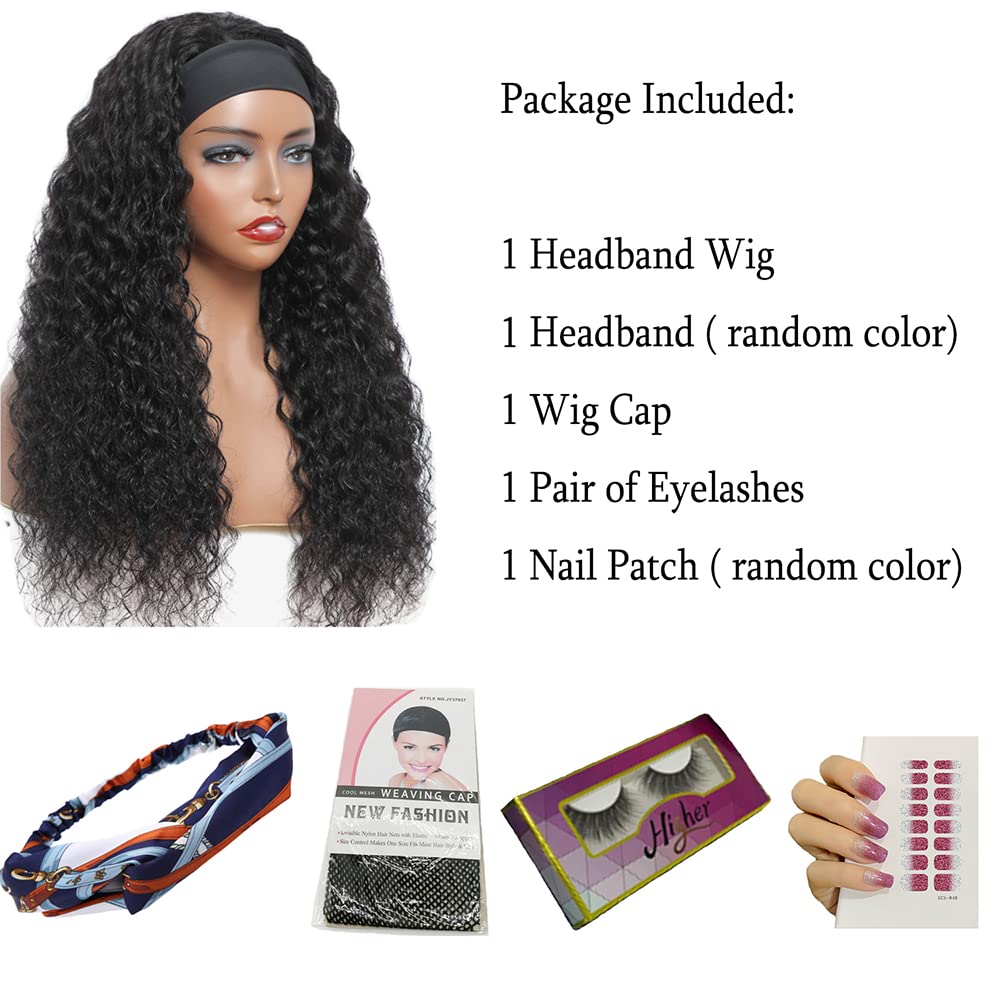 WENYAN Headband Wig Human Hair Deep Wave 16 Inch Wigs for Black Women Glueless None Lace Front Curly Wave Wig Brazilian Virgin Hair Wear and Go Wigs Machine Made 150% Density Wigs Natural Color