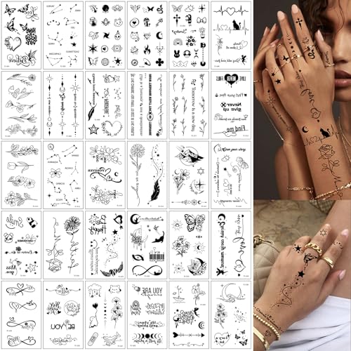 350 PCS Small Finger Temporary Tattoo for Women- butterfly Flower Rose Letter Realistic Black Fake Tiny Tattoos Waterproof Long Lasting Tattoos Stickers Sexy Tattoo for Adults