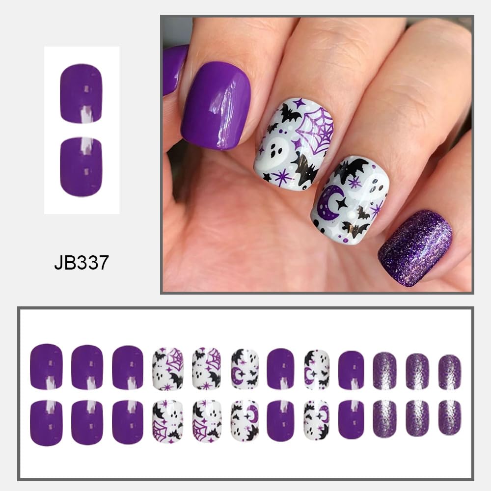 24Pcs Halloween Press on Nails Short Square Fake Nails with Purple Glitter Design Glossy False Nails Cute Halloween Nails Acrylic Nails Full Cover Glue on Nails Halloween Stick on Nails for Women