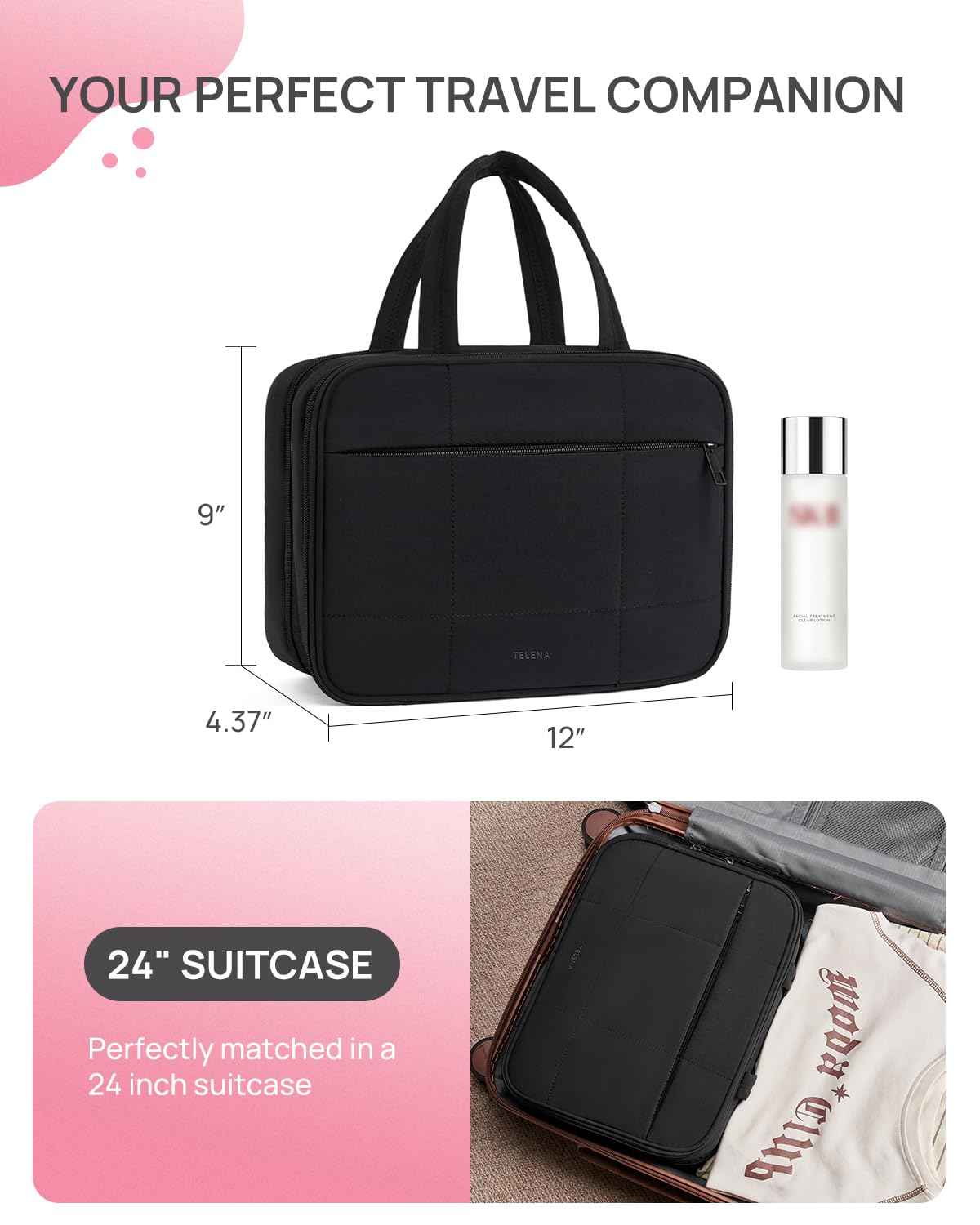 Telena Travel Toiletry Bag with Jewelry Organizer for Women, Puffy Hanging Makeup Bag Lightweight Cosmetic Bag Organizer for Travel Essentials