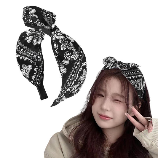 Boho Paisley Bandana Headbands with Knotted Bow and Rabbit Ear Design for Women and Girls - Black Bowknot Hairband Accessories