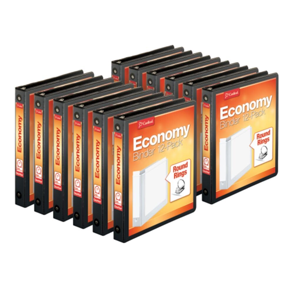 Cardinal Economy 3-Ring Binders, 1", Round Rings, Holds 225 Sheets, Clearvue Presentation View, Non-Stick, Black, Carton of 12